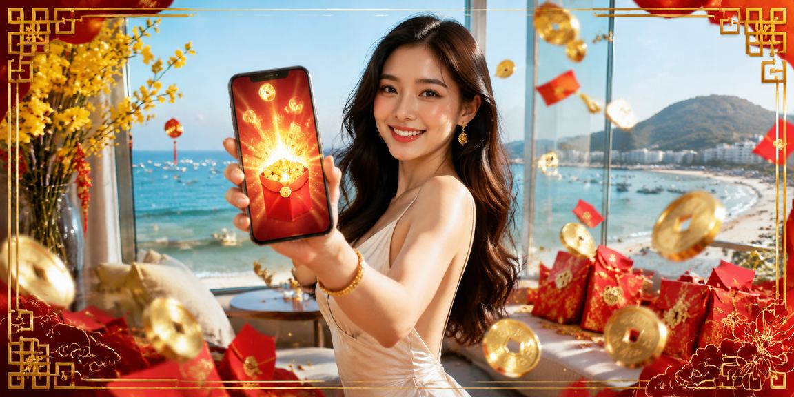 Người dùng Vũng Tàu nhận thưởng phong bì đỏ trên bãi biển buổi chiều